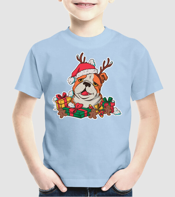 Bulldog de Crăciun model albastru deschis pe tricou