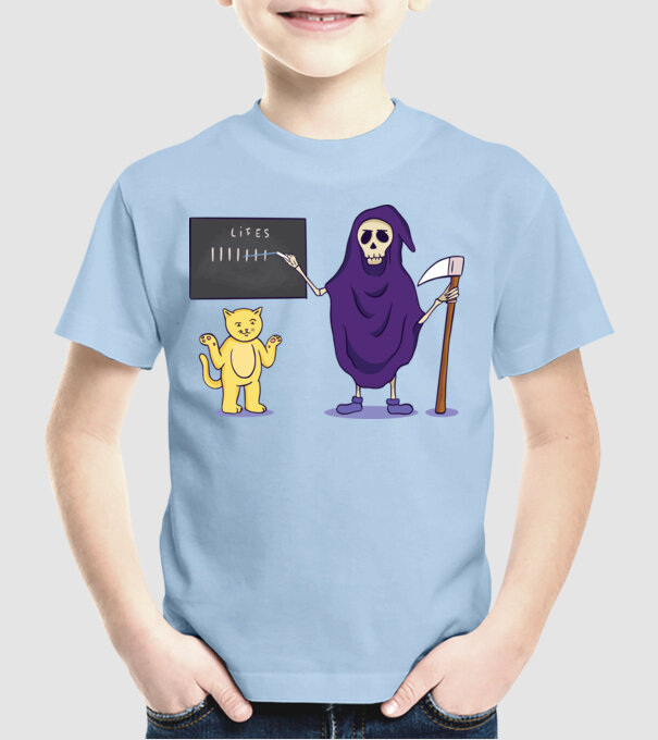 Cele 9 vieți ale pisicii model albastru deschis pe tricou