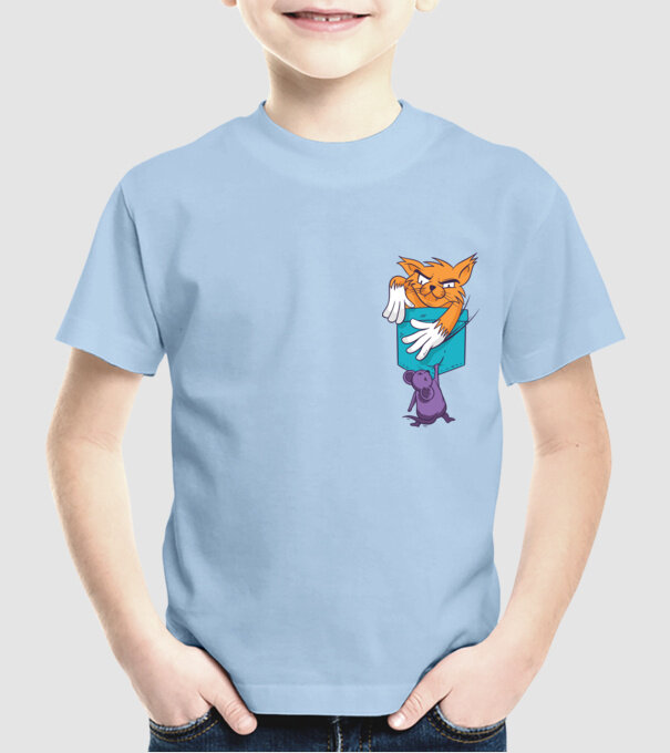 Pisică cu șoarece buzunar model albastru deschis pe tricou