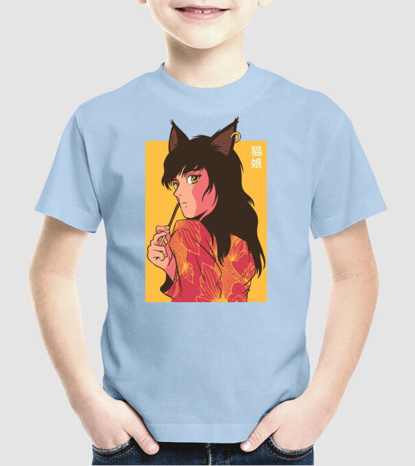 Pisică Fată Anime model albastru deschis pe tricou