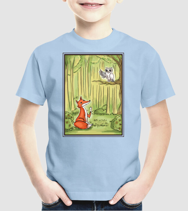 Vulpe drăguț cu bufniță model albastru deschis pe tricou