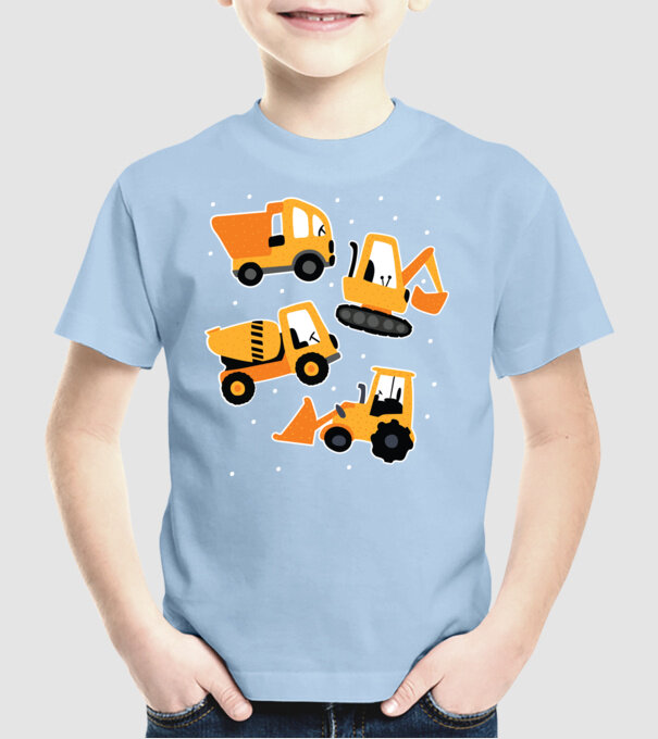 Vehicule de construcții model albastru deschis pe tricou