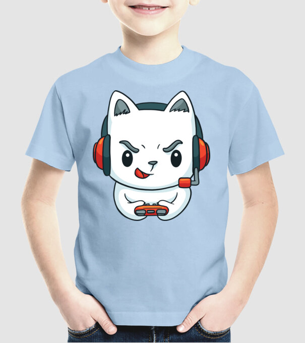 Pisică Gamer model albastru deschis pe tricou