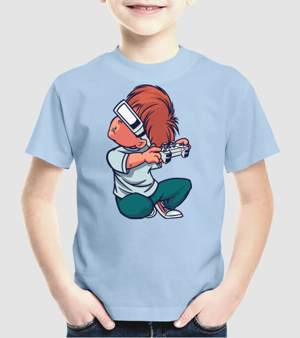 Băiat Gamer cu ochelari VR model albastru deschis pe tricou