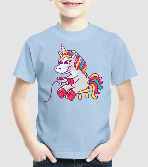 Gamer Unicorn model albastru deschis pe tricou