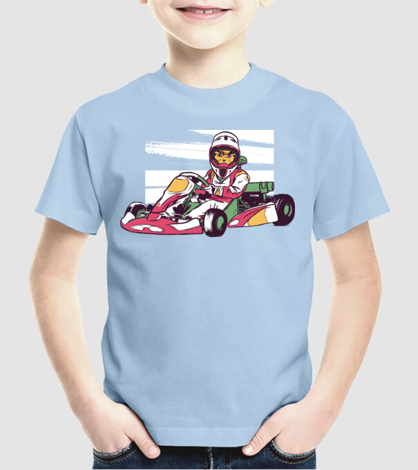 Pisică gokart model albastru deschis pe tricou