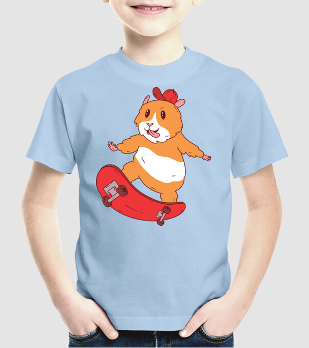 Hamster Skateboarder model albastru deschis pe tricou