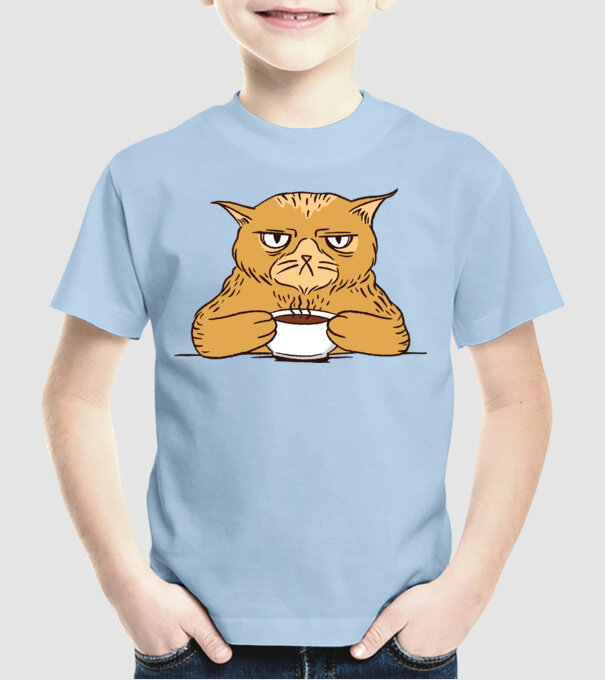 Grumpy Cat - Pisică supărată cu cafea model albastru deschis pe tricou