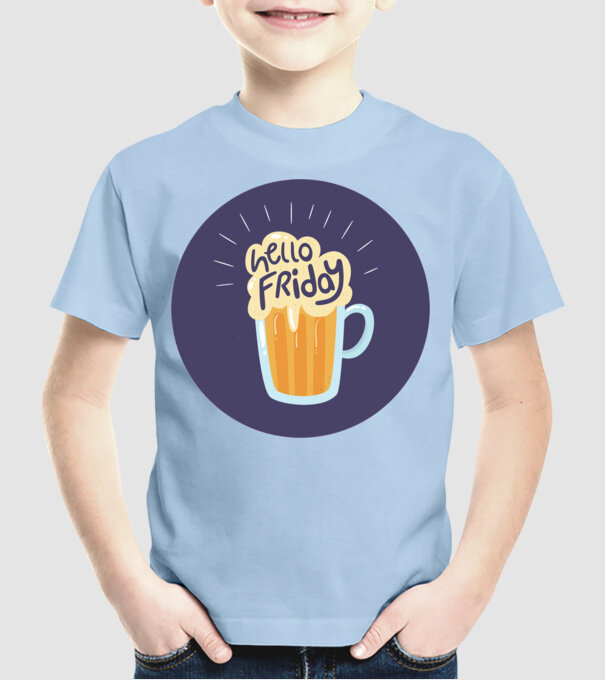 Hello Friday model albastru deschis pe tricou