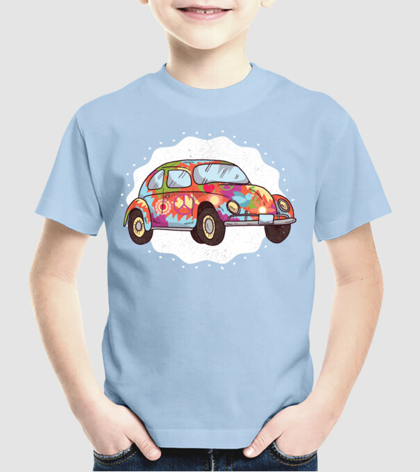 Hippy Beetle Volkswagen model albastru deschis pe tricou