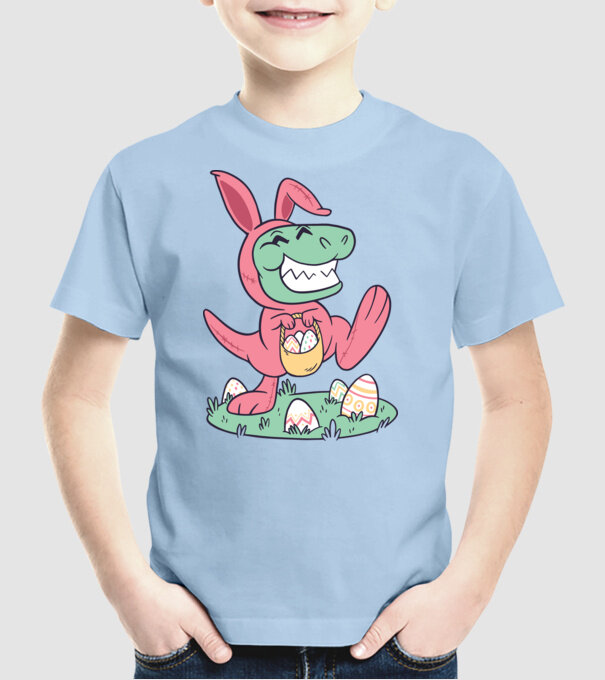T-rex de Paște model albastru deschis pe tricou