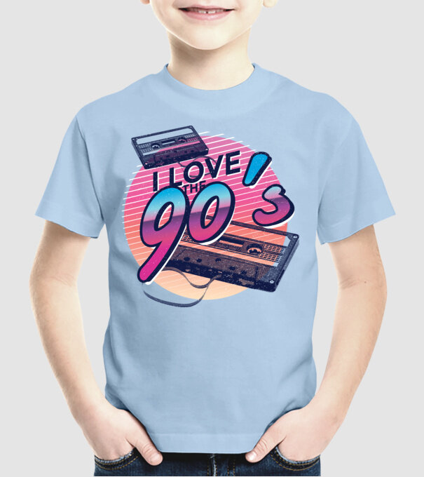 I love the 90s Casetă model albastru deschis pe tricou