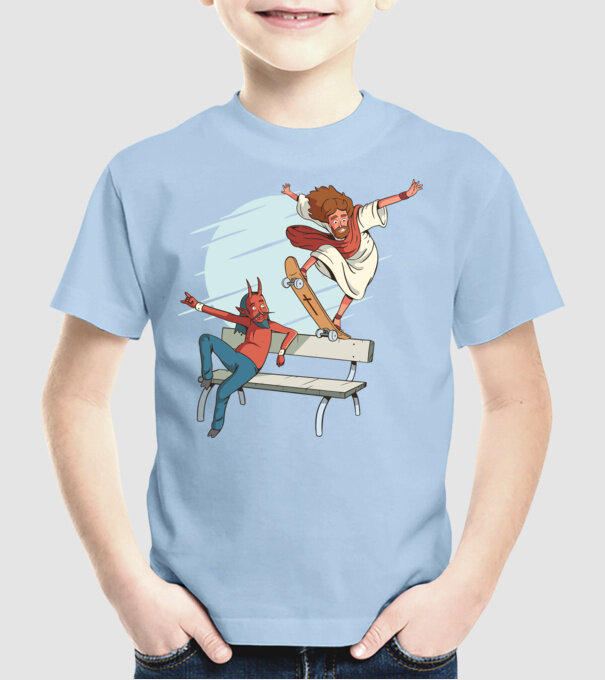 Isus Skateboarding model albastru deschis pe tricou