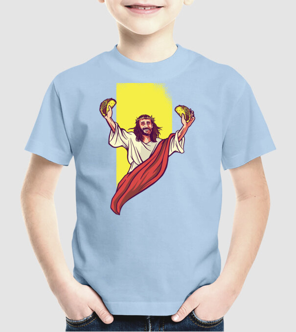 Isus cu Taco tricou amuzant model albastru deschis pe tricou