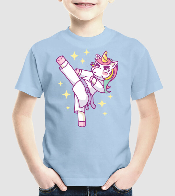 Karate unicorn model albastru deschis pe tricou