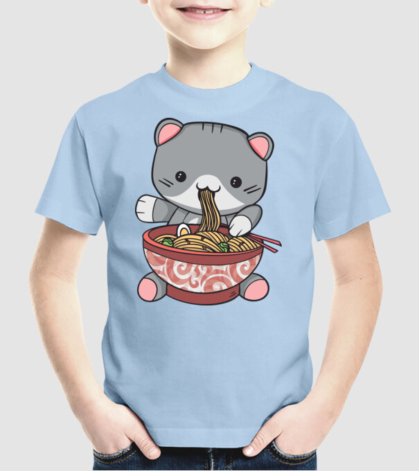 Pisică Kawaii Ramen model albastru deschis pe tricou