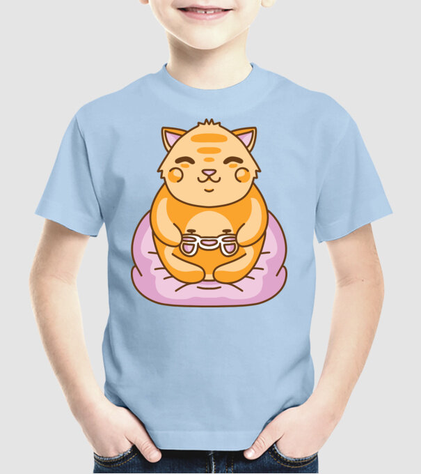Pisică Gamer Kawaii model albastru deschis pe tricou