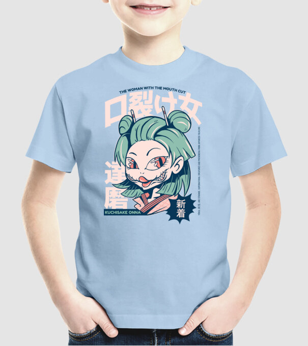 Kuchisake Onna Yokai Anime model albastru deschis pe tricou