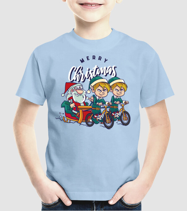 Merry Christmas Moș Crăciun cu sanie cu bicicletă model albastru deschis pe tricou