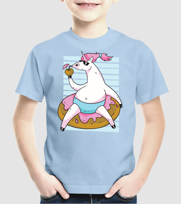 Unicorn în vacanță model albastru deschis pe tricou