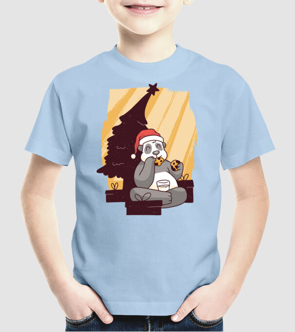 Panda mâncând prăjituri tricou Crăciun model albastru deschis pe tricou