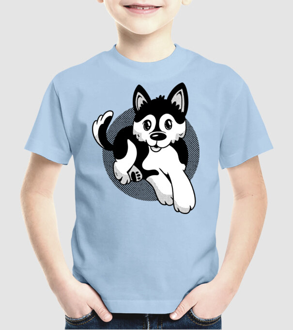 Câine Pomsky model albastru deschis pe tricou