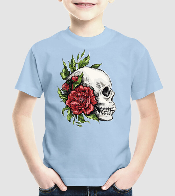 Trandafiri și craniu model albastru deschis pe tricou