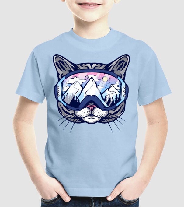 Pisică schior model albastru deschis pe tricou