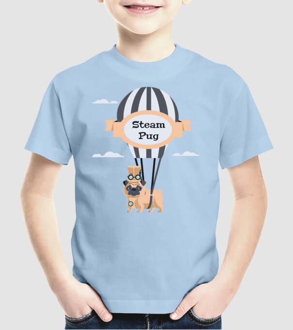 Steampug - mops model albastru deschis pe tricou