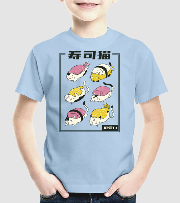 Pisicuțe Sushi model albastru deschis pe tricou