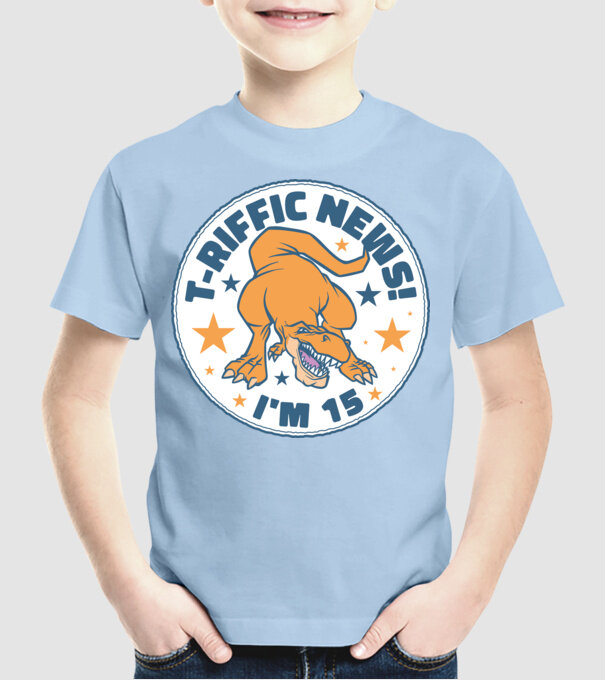 'T-rex Terrific news i''m 15' model albastru deschis pe tricou