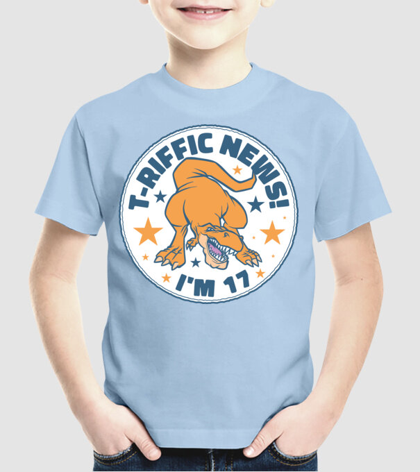 'T-rex Terrific news i''m 17' model albastru deschis pe tricou