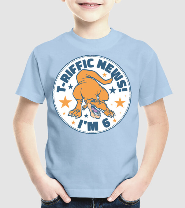'T-rex Terrific news i''m 6' model albastru deschis pe tricou