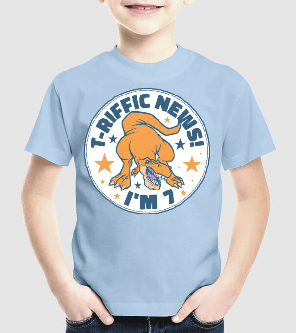 'T-rex Terrific news i''m 7' model albastru deschis pe tricou