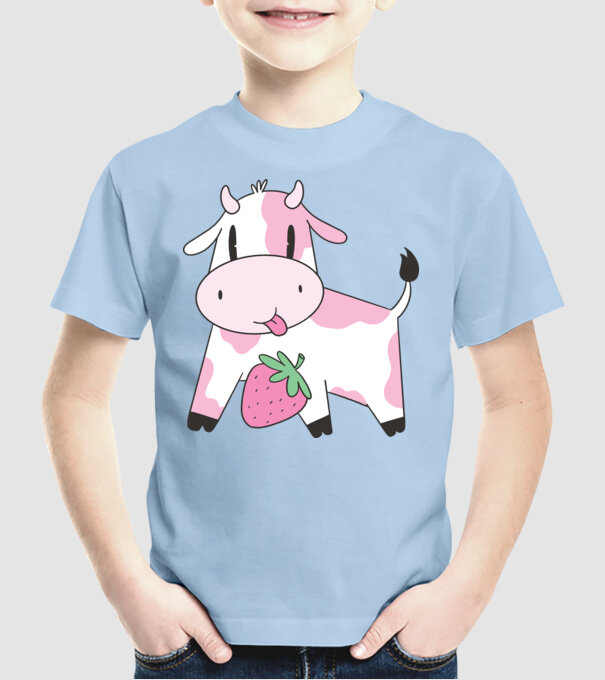 Vacă cu căpșuni model albastru deschis pe tricou