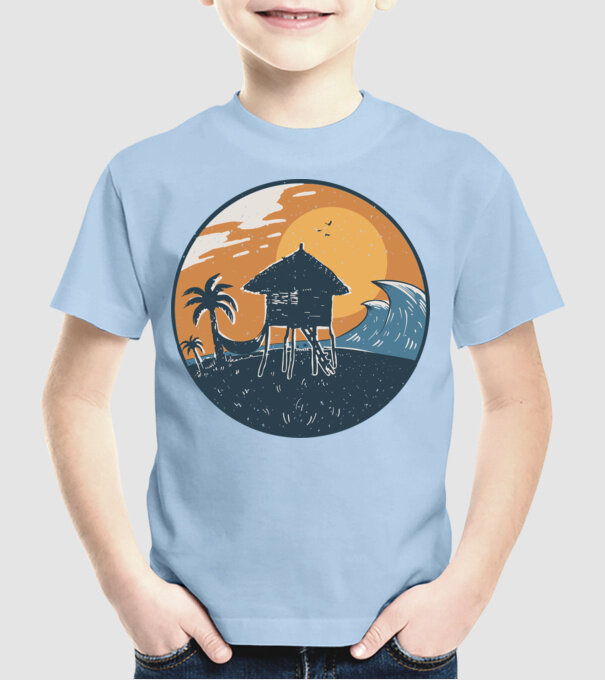 Bungalou pe plajă model albastru deschis pe tricou