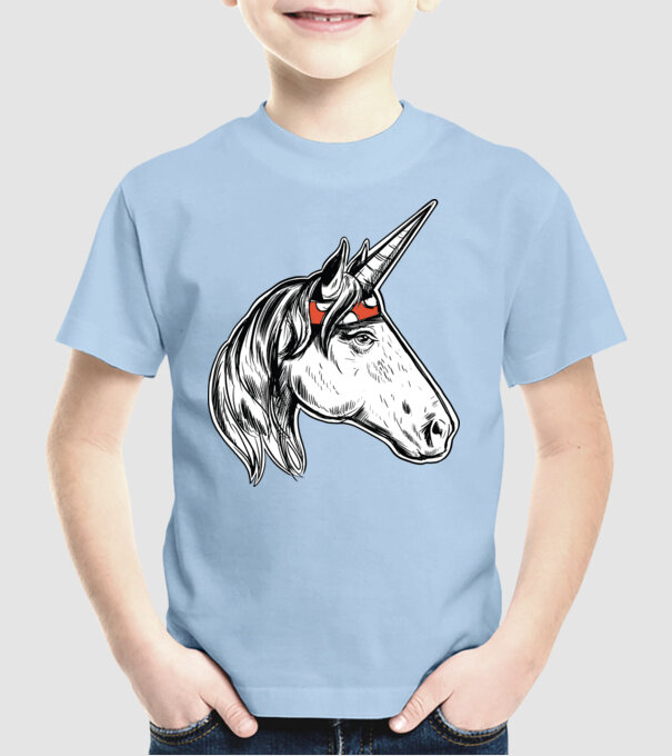 Cal Unicorn model albastru deschis pe tricou