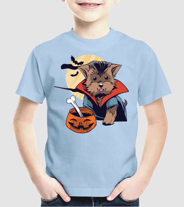Vampir Yorkie Halloween model albastru deschis pe tricou