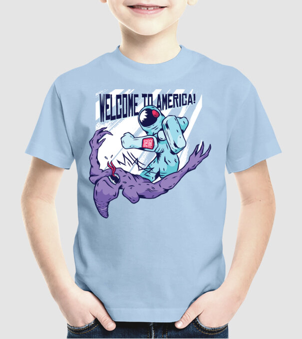 Welcome To America model albastru deschis pe tricou