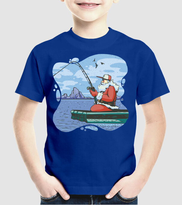 Moș Crăciun la pescuit model albastru regal pe tricou