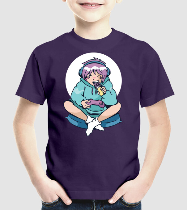 Anime Gamer Fată cu ciocolată model mov pe tricou