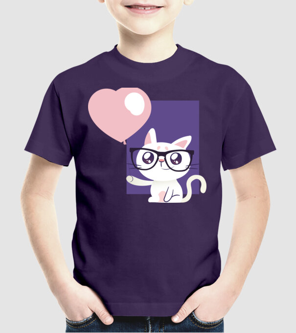 Inimă Pisică cu balon model mov pe tricou