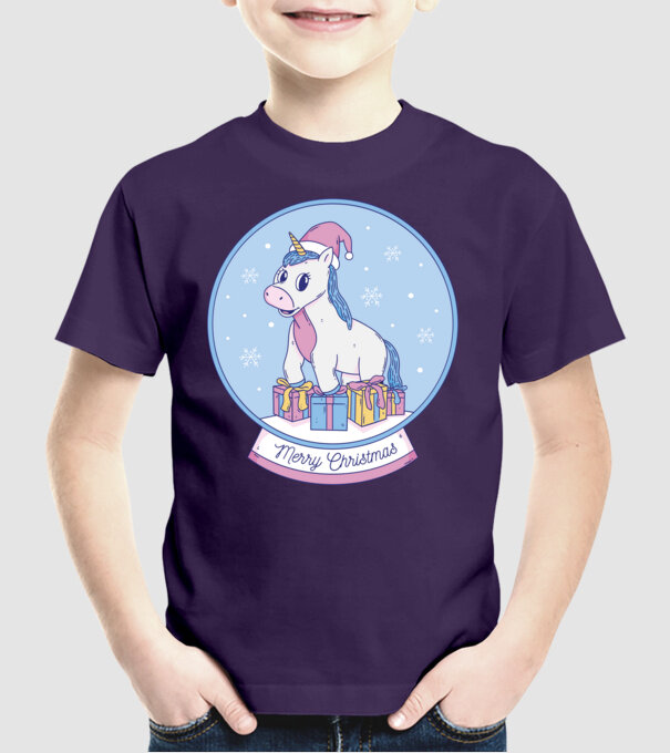 Glob de zăpadă drăguț, de Crăciun, cu Unicorn model mov pe tricou