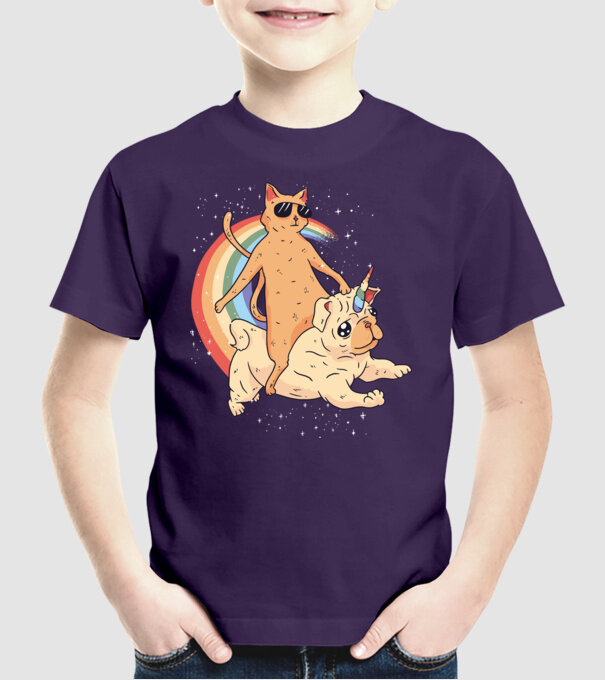 Pisică și Mops unicorn model mov pe tricou