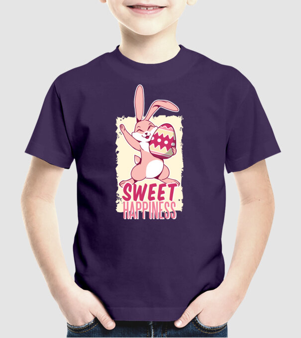 Sweet Happiness pentru Paște tricou cu iepuraș model mov pe tricou