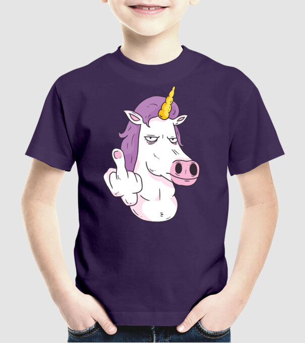 Unicorn arată degetul model mov pe tricou