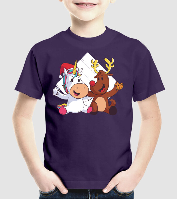 Unicorn și Ren prietenie tricou drăguț de Crăciun model mov pe tricou