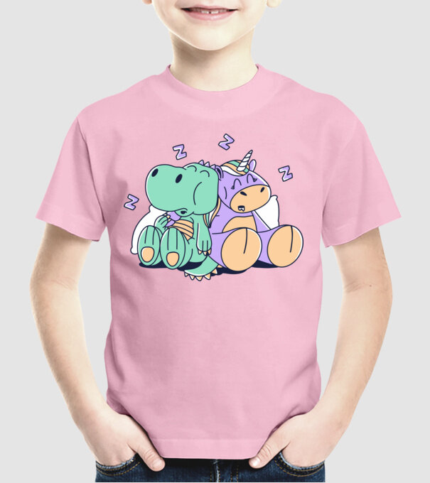Unicorn adormit și T-rex model roz deschis pe tricou