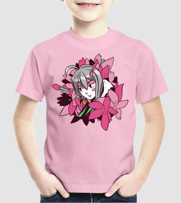 Anime fată printre flori model roz deschis pe tricou