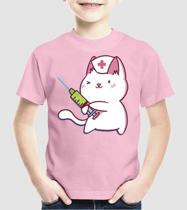 Pisică asistent medical cu vaccin model roz deschis pe tricou